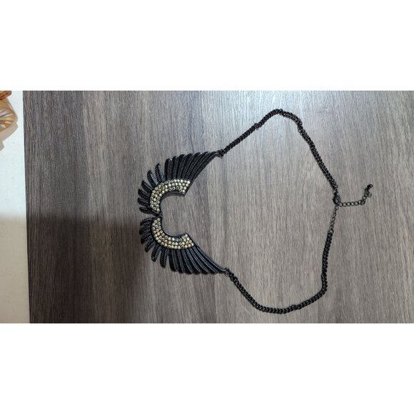Black Gold Winged Rhinestone Statement Necklace Bold Crescent Adjustable - Picture 6 of 7